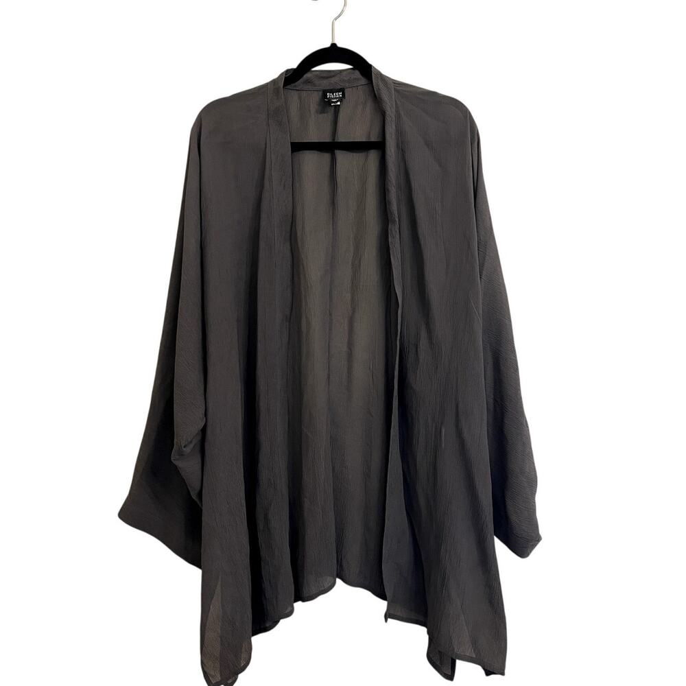 Eileen Fisher 100% Silk Open Front Cardigan Gray Flowy Relaxed Lagenlook Size XL